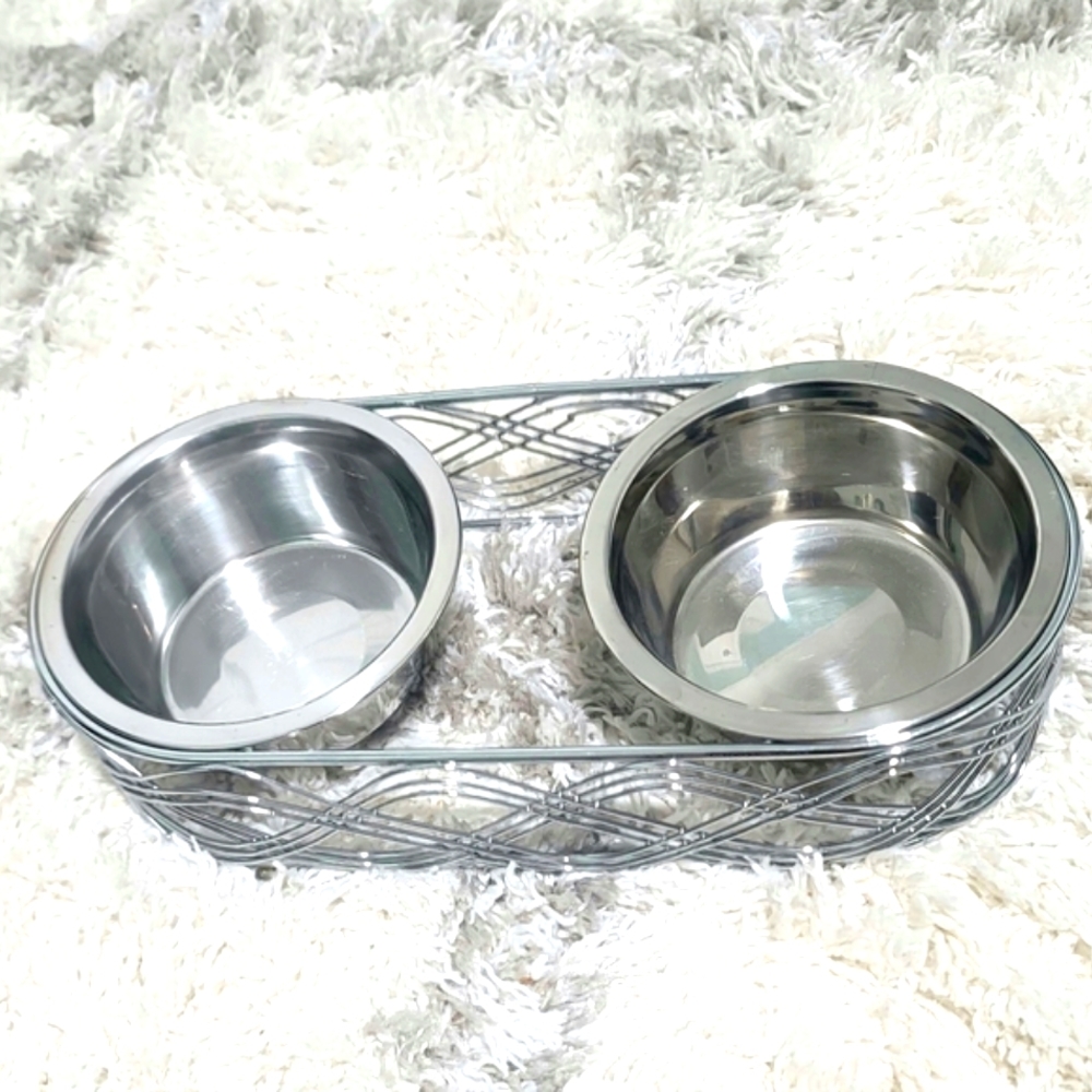 Double Twin Stainless Steel Pet Food Water Bowl Set